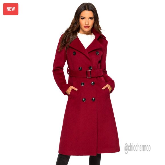 Long Wool Pea Coat Double Breasted Trench with Belt Winter Warm
